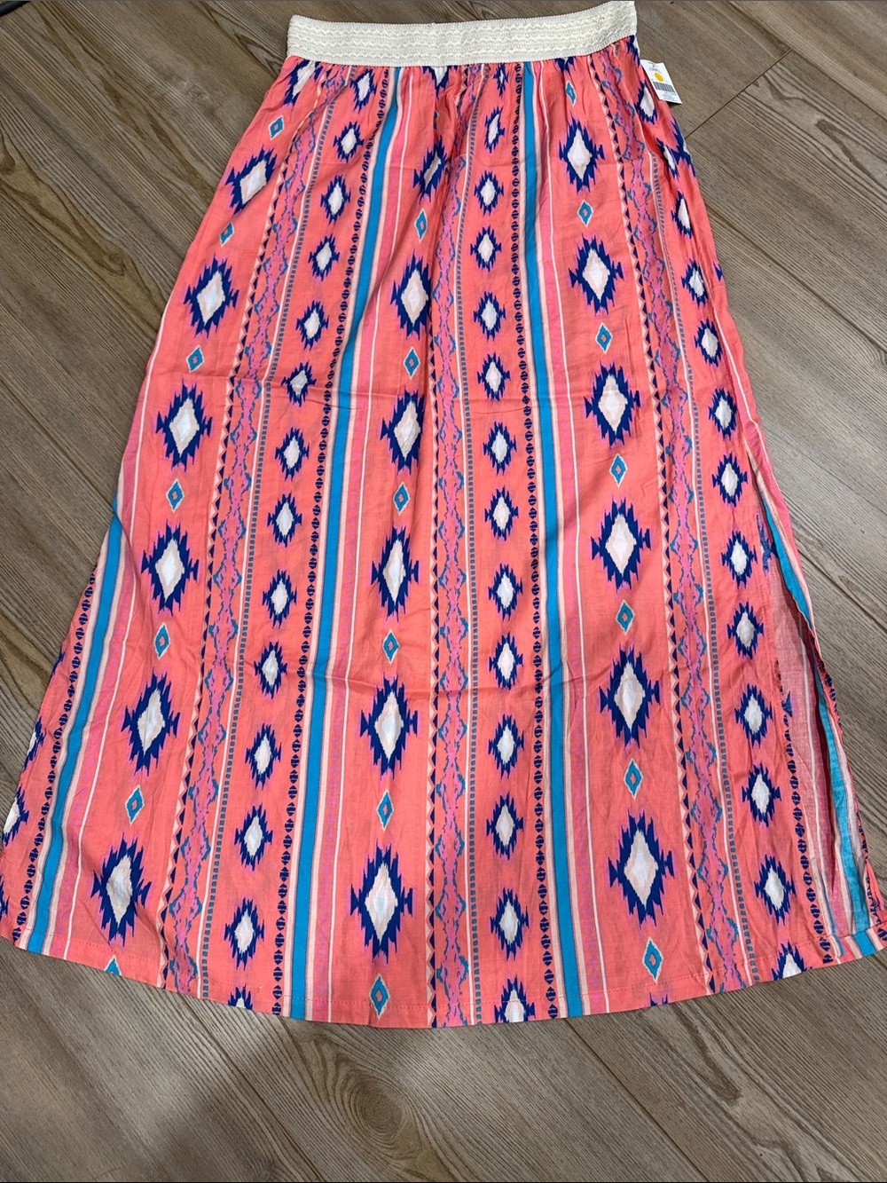 just be Coral Aztec-Print Maxi Skirt with Ivory Elastic Waistband